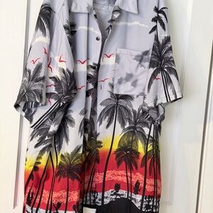 Men's Tropical Print Button-Up Shirt - Gray & black  with Red & Yellow Sunset